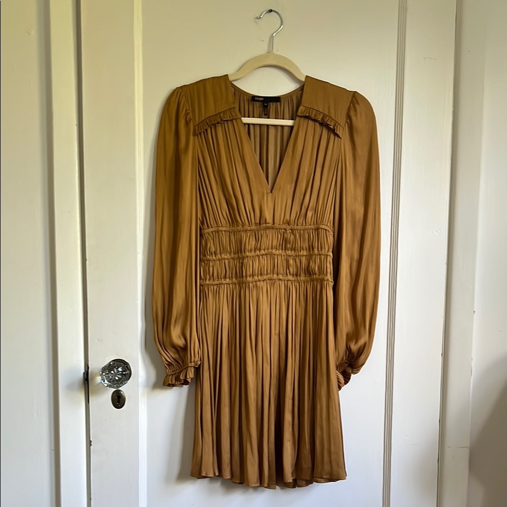 Maje Satin Ruched Rianne Gold Mini Dress - Picture 2 of 11